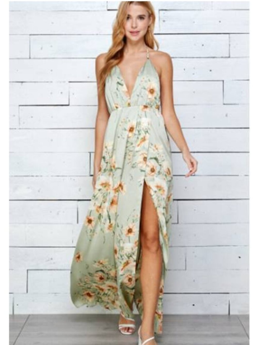 Sweet Lemon Selftie Halter Open Back Maxi Dress Floral Prints Bridal Party Sage